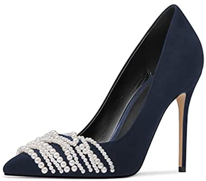 FSJ Women's White Pearl Strings Pointed Toe High Heel Pumps Stiletto Slip On Faux Suede Elegant Ladies Comfy Wedding Dress Party Shoes Size 4-15 US