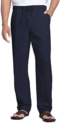 Men's Linen Pants Casual Elastic Waist Drawstring Beach Trousers