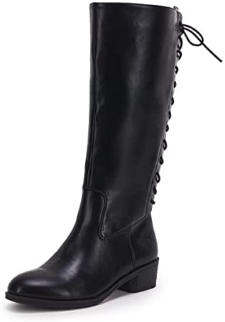 Womens Lace Up Knee High Boots Side Zipper Closed Pointed Boots Zippered Chunky Stacked Mid Heel Shoes