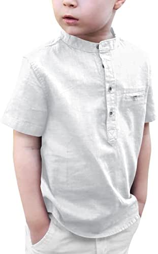 Kids Boys Linen Short Sleeve Henley Shirt Toddler Cotton Button Down Summer Tops Fashion Cool T-Shirts