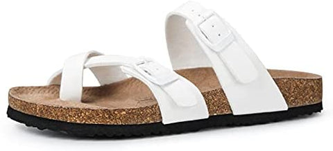 mysoft Women's Cork Footbed Sandal Slip On, Double Buckle Slide Sandals with +Comfort Arch Support