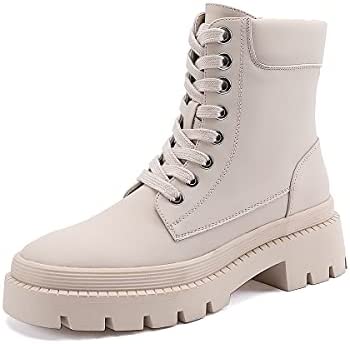 EETTARO Women's Lace Up Ankle Boots Low Heel Military Combat Booties Ladies Mid Calf Work Shoes