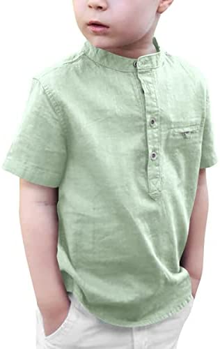 Kids Boys Linen Short Sleeve Henley Shirt Toddler Cotton Button Down Summer Tops Fashion Cool T-Shirts