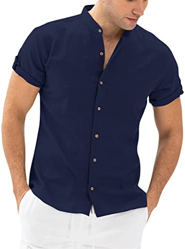 Men's Casual Button Down Collarless Shirt Solid Short Sleeve Cotton Linen Lightweight Breathable Tops Shirts
