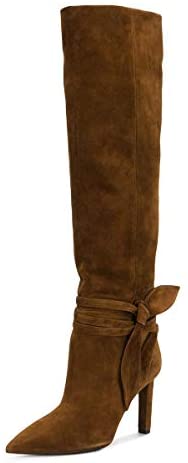 FSJ Women Elegant Pointed Closed Toe Knee High Long Boots Pull On Mid Heels Booties Faux Suede Dress Shoe With Bows Size 4-15 US