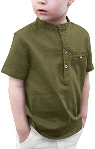 Kids Boys Linen Short Sleeve Henley Shirt Toddler Cotton Button Down Summer Tops Fashion Cool T-Shirts