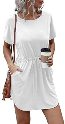 Dyexces Womens Dresses Tshirts Dress Summer Dresses Tunic Short Sleeve Crewneck Midi Dress with Pockets