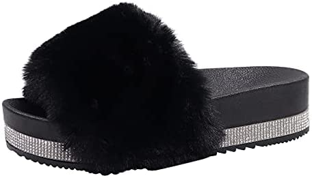 EETTARO Women's Fuzzy Slippers Faux Fur Slides Open Toe Fluffy Platform Sandals Slip on Indoor Outdoor Shoes