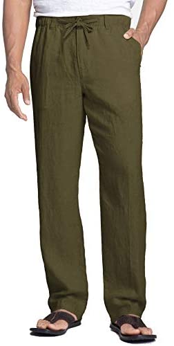 Men's Linen Pants Casual Elastic Waist Drawstring Beach Trousers