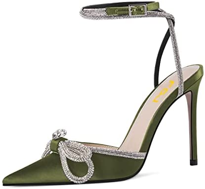 FSJ Women's Pointy Toe Stiletto High Heels Sandals Rhinestones Bowknot Ankle Strap Buckle Heeled Pumps Satin Lace Up Dress Party Shoes Size 4-15 US