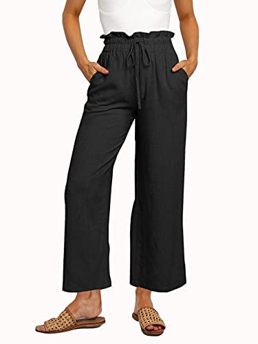 Womens Linen Pants High Waisted Wide Leg Drawstring Casual Loose Trousers with Pockets