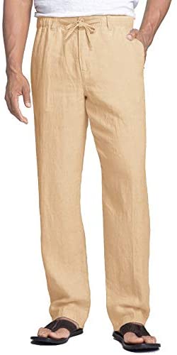 Men's Linen Pants Casual Elastic Waist Drawstring Beach Trousers