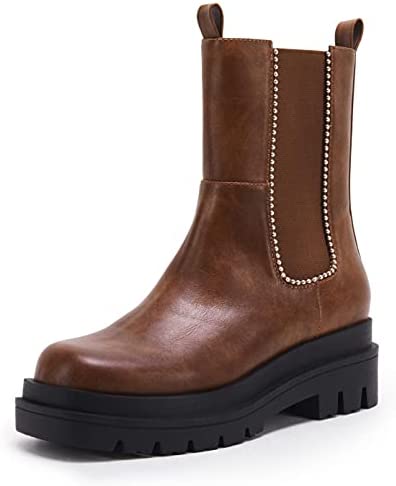 Womens Lug Sole Platform Chelsea Ankle Boots Elastic Round Toe Chunky Block Heel Non-Slip Glitter Rhinestone Combat Comfortable Booties