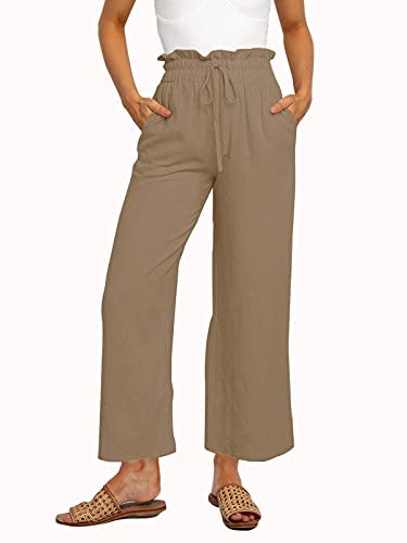 Womens Linen Pants High Waisted Wide Leg Drawstring Casual Loose Trousers with Pockets