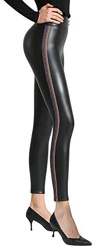 Ginasy Black Faux Leather Leggings for Women High Waisted Stretch Leather Pants with Thin Fleece Line