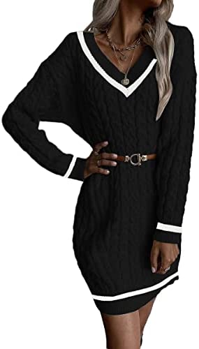 Dyexces Womens Cable Knit Sweater Dress Long Sleeve V Neck Mini Knit Dresses Without Belt Loose Casual Sweaters