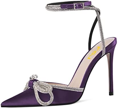 FSJ Women's Pointy Toe Stiletto High Heels Sandals Rhinestones Bowknot Ankle Strap Buckle Heeled Pumps Satin Lace Up Dress Party Shoes Size 4-15 US