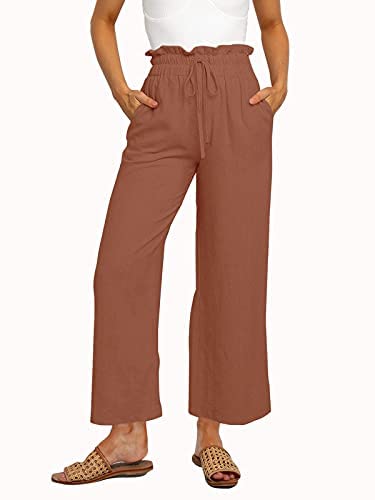 Womens Linen Pants High Waisted Wide Leg Drawstring Casual Loose Trousers with Pockets