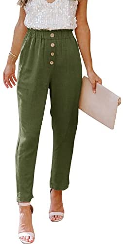 Womens Casual Loose Pants Comfy Cropped Work Pants with Pockets Elastic High Waist Paper Bag Pants