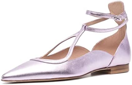 FSJ Women's Comfortable Chunky Low Heel Flats Cross Ankle Strap Buckle Classic Pointy Toe Retro T-Strip Walking Dress Shoes Size 4-15 US