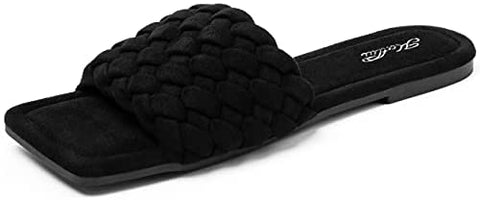Women's Square Open Toe Flat Sandals Slip On Slide Sandals Woven Strap Flat Sandals