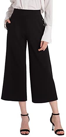 Ginasy Black Wide Leg Pants for Women Business Casual Dress Pants Stretch High Waist Crop Capris Culotte