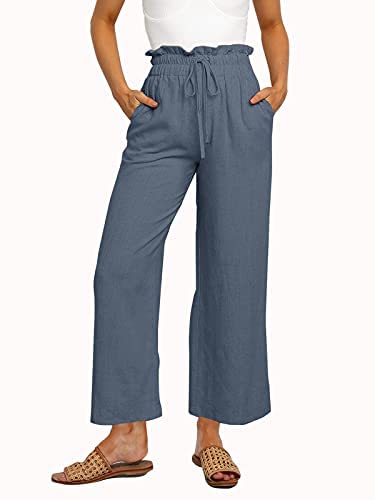Womens Linen Pants High Waisted Wide Leg Drawstring Casual Loose Trousers with Pockets