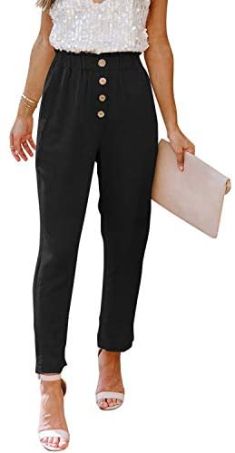 Womens Casual Loose Pants Comfy Cropped Work Pants with Pockets Elastic High Waist Paper Bag Pants