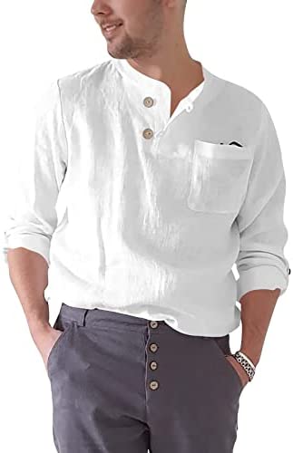 Men's Long Sleeve Cotton Linen Blend Henley Shirt Lightweight Solid Breathable Casual Shirts Tops