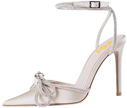 FSJ Women's Pointy Toe Stiletto High Heels Sandals Rhinestones Bowknot Ankle Strap Buckle Heeled Pumps Satin Lace Up Dress Party Shoes Size 4-15 US