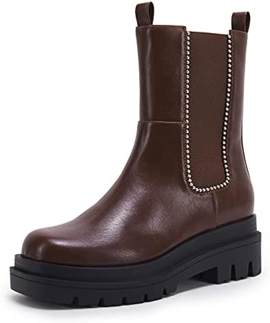 Womens Lug Sole Platform Chelsea Ankle Boots Elastic Round Toe Chunky Block Heel Non-Slip Glitter Rhinestone Combat Comfortable Booties