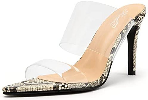 Katliu Women's Clear Pointed Toe Heels Sandals Transparent Strap Stiletto High Heels Slip on Mules Heeled Sandals