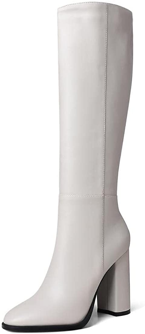 WAYDERNS Women's Solid Microfiber Round Toe Zip Thick Block High Heel Knee High Boots 4 Inch