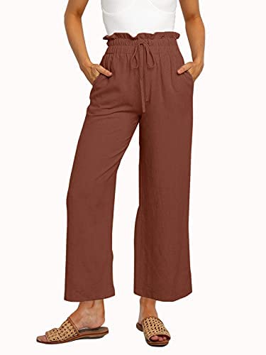 Womens Linen Pants High Waisted Wide Leg Drawstring Casual Loose Trousers with Pockets
