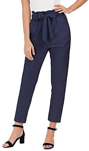 Women's Chic Elastic High Waisted Pull On Straight Leg Casual Ankle Work Pants