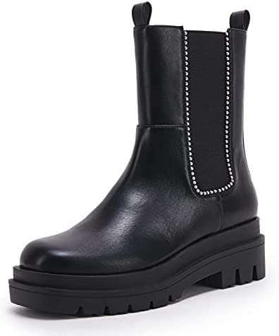 Womens Lug Sole Platform Chelsea Ankle Boots Elastic Round Toe Chunky Block Heel Non-Slip Glitter Rhinestone Combat Comfortable Booties
