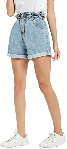 Plaid&Plain Women's High Waisted Denim Shorts Rolled Blue Jean Shorts