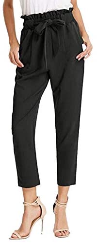 Women's Chic Elastic High Waisted Pull On Straight Leg Casual Ankle Work Pants