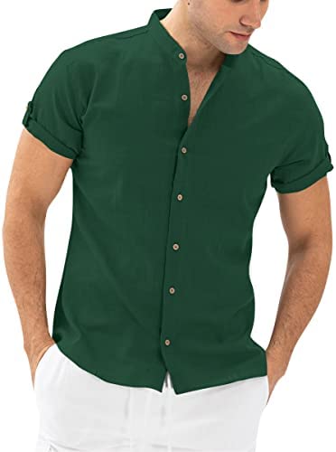 Men's Casual Button Down Collarless Shirt Solid Short Sleeve Cotton Linen Lightweight Breathable Tops Shirts