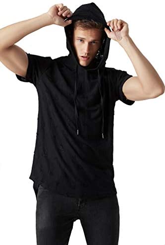 KLIEGOU Men's Hipster Hip Hop Hoodie Hole Tshirt 1705-2…