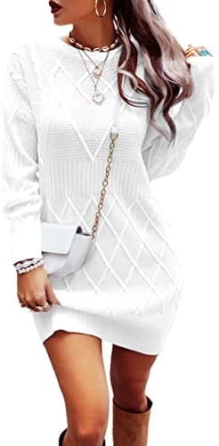 Womens Sweater Dress Long Sleeve Diamond Knit Pullover Sexy Slim Fit Crewneck Mini Dress