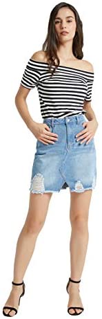 Womens Distressed Ripped Denim Short Pencil Skirt, Frayed Hem