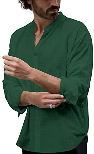 Mens Linen Cotton Casual Henley Shirts Long Sleeve Basic Lightweight Shirt Beach Fishing Yoga Tops