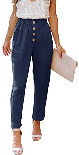 Womens Casual Loose Pants Comfy Cropped Work Pants with Pockets Elastic High Waist Paper Bag Pants