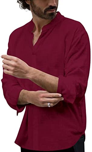 Mens Linen Cotton Casual Henley Shirts Long Sleeve Basic Lightweight Shirt Beach Fishing Yoga Tops