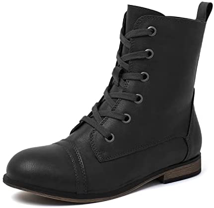 Katliu Women's Combat Boots Lace up Military Ankle Boots Side Zipper Round Toe Booties