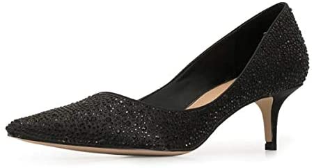 FSJ Women Fashion Pointed Toe Low Thin Heel Pumps Slip on Rhinestones Bridal Wedding Shoes