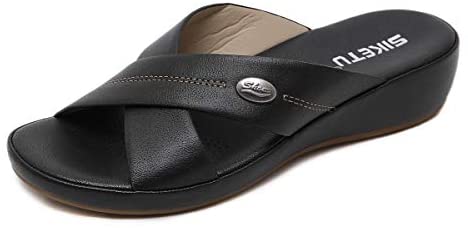 Women's Wedge Sandals Comfortable Soft Leather Platform Shoes Summer Outdoor Open Toe Cross-Strap Slide Sandal