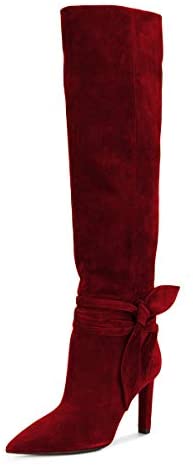 FSJ Women Elegant Pointed Closed Toe Knee High Long Boots Pull On Mid Heels Booties Faux Suede Dress Shoe With Bows Size 4-15 US