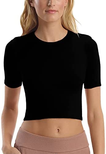 Women’s Short Sleeve Workout Crop Tops Classic Crewneck Fitted Yoga Running T Shirts